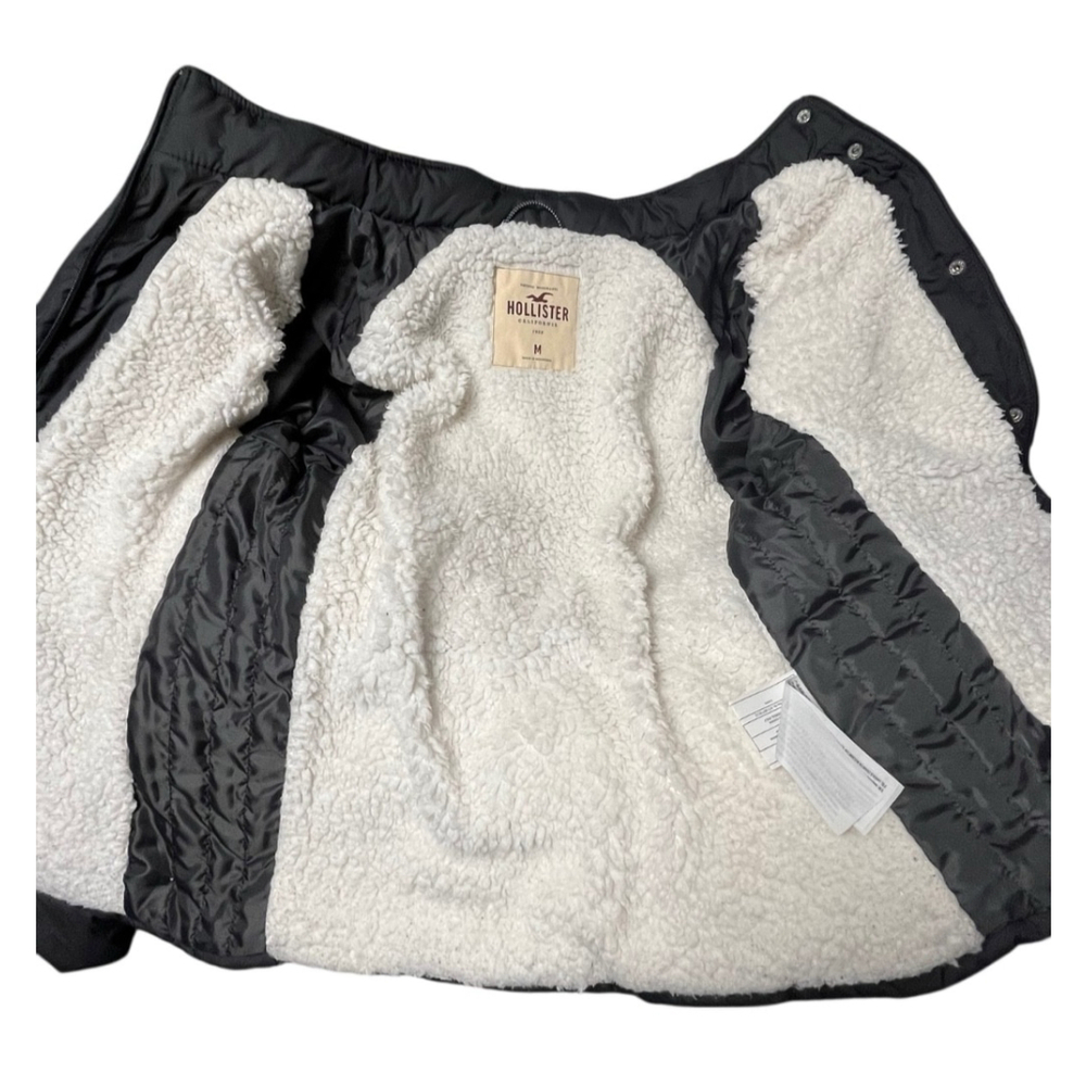 Hollister Gray Sherpa Lined Hooded Puffer Jacket Coat Size Medium - Picture 9 of 12
